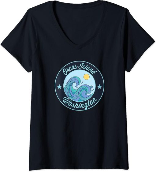 Womens Orcas Island WA Washington Souvenir Nautical Surfer Graphic V-Neck T-Shirt