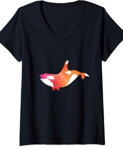 Womens Orca Killer Whale Sea Ocean Love Watercolor Girl Happy Whale V-Neck T-Shirt