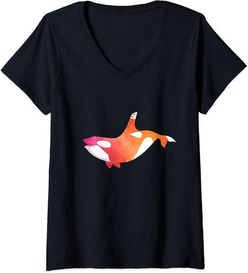 Womens Orca Killer Whale Sea Ocean Love Watercolor Girl Happy Whale V-Neck T-Shirt