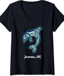 Womens Blue Green Native American Juneau AK Orca Killer Whale V-Neck T-Shirt