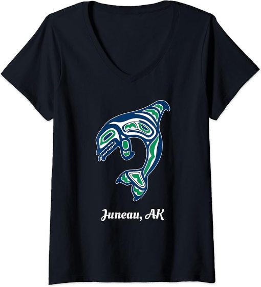 Womens Blue Green Native American Juneau AK Orca Killer Whale V-Neck T-Shirt